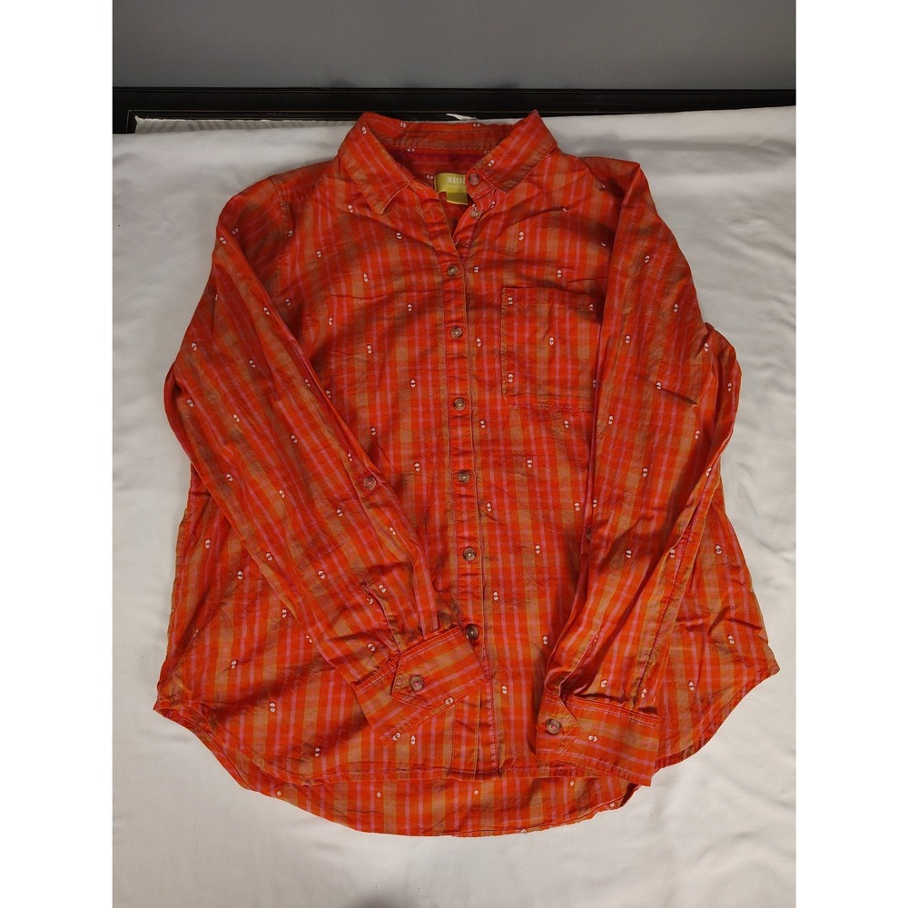 Maeve Anthropologie Orange Pink Plaid  Embroidered Button Down Shirt Size 12‎
